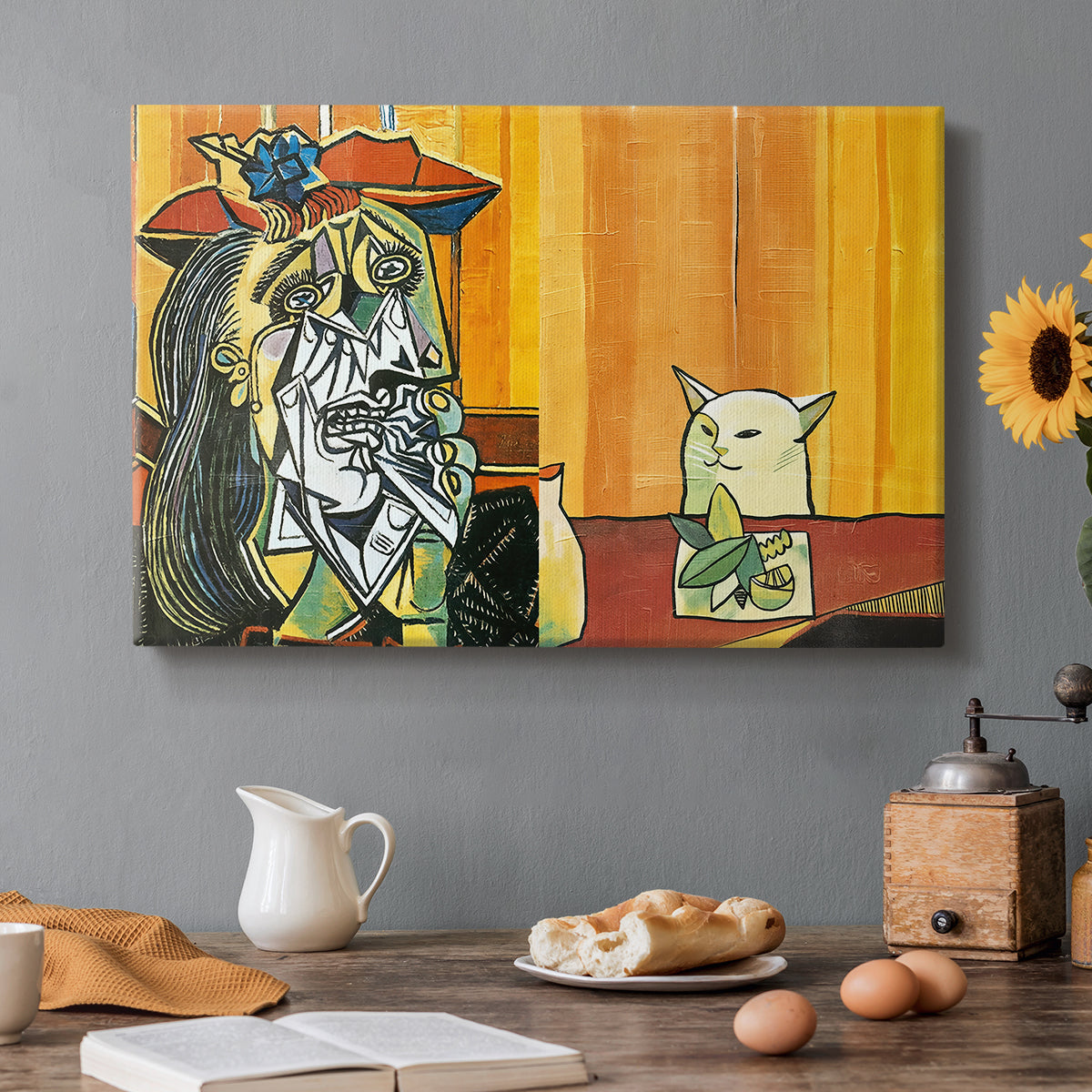 Canvas art print featuring a stylized figure facing cat across table in exaggerated scene, set in a cozy kitchen setting