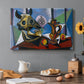 Canvas art print featuring a bull skull arranged with objects in angular cubist still life, set in a cozy kitchen setting