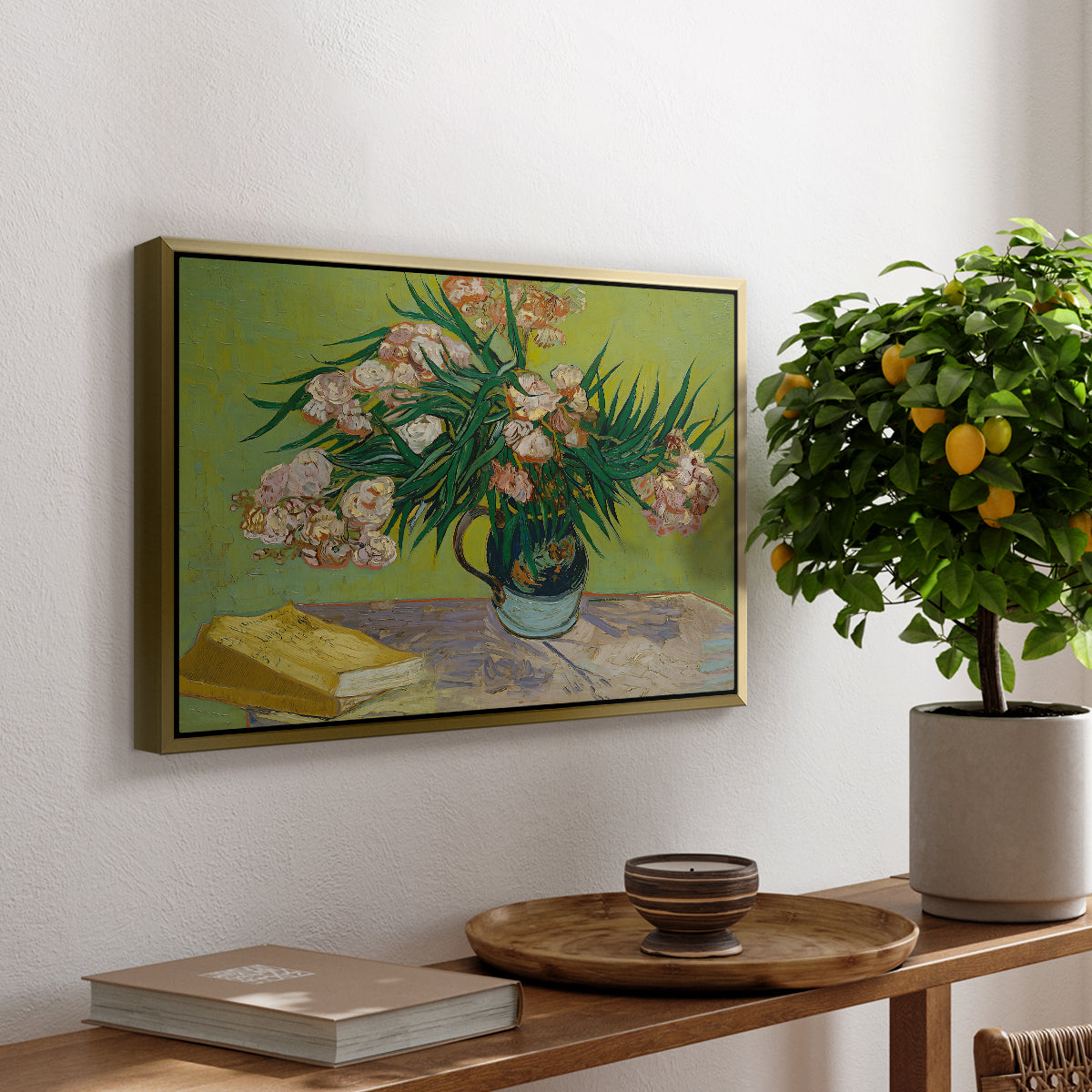 Vase with Oleanders and Books, 1888 - Floater Framed Canvas Print