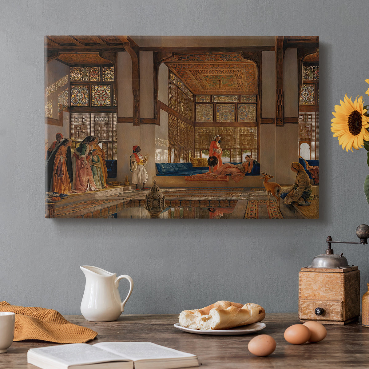 Canvas art print featuring an interior scene with woman receiving guests in ornate room, set in a cozy kitchen setting