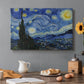 Canvas art print featuring a swirling night sky over village with bright stars, moon, and tall cypress, set in a cozy kitchen setting