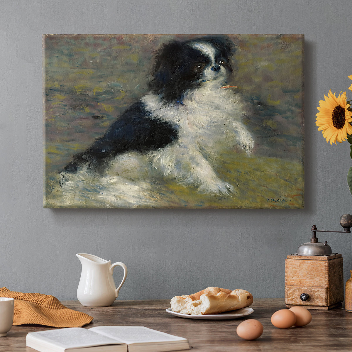Canvas art print featuring a small black and white dog standing in shallow water with soft brushstrokes, set in a cozy kitchen setting