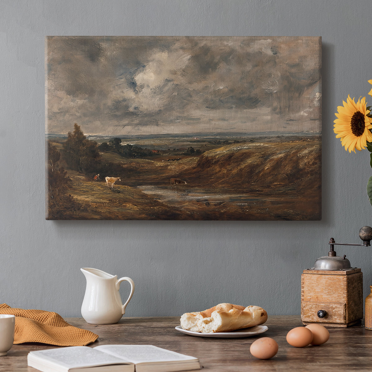 Canvas art print featuring an open heath landscape with low vegetation and expansive sky, set in a cozy kitchen setting