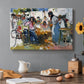 Canvas art print featuring a group of workers repairing fishing nets in outdoor coastal setting, set in a cozy kitchen setting