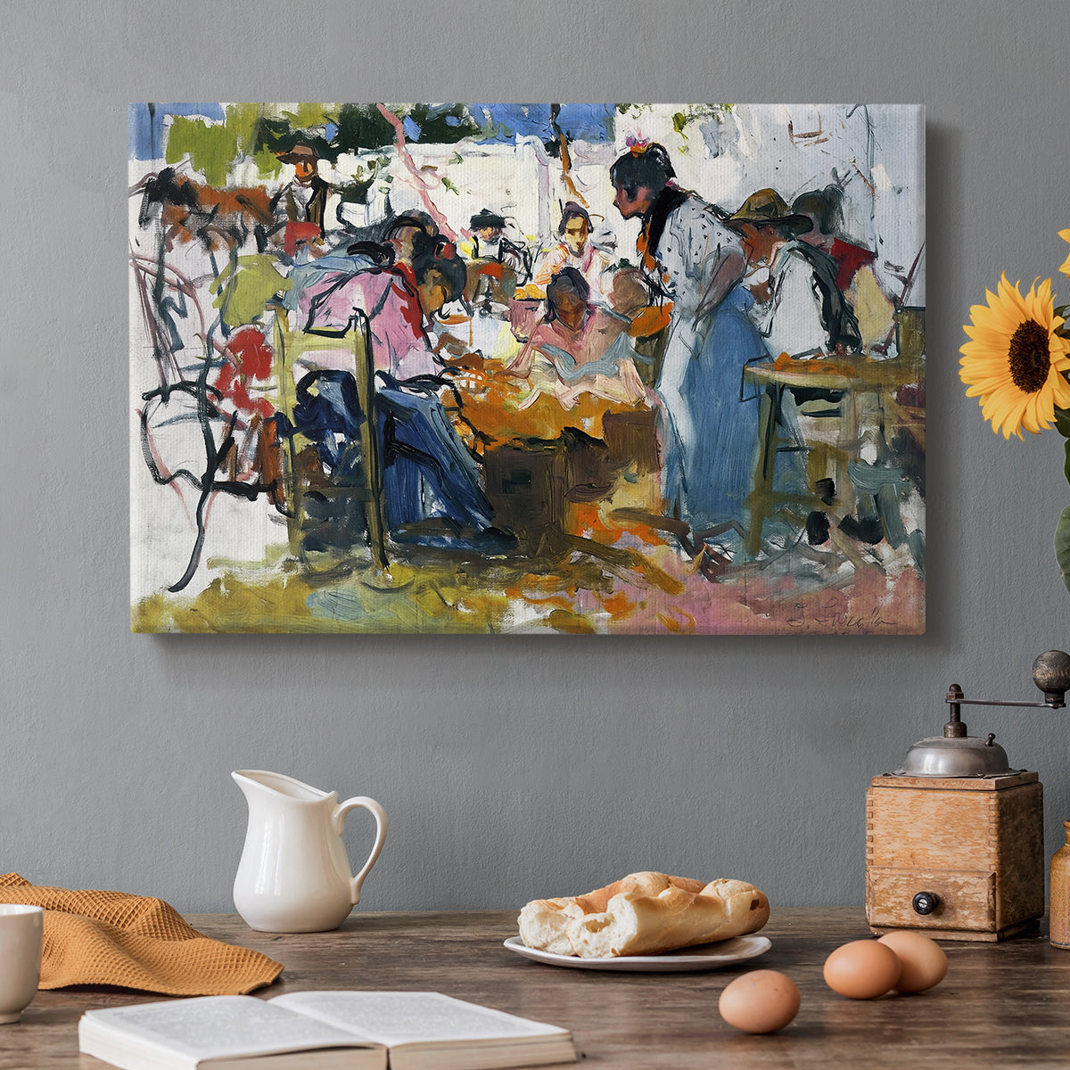 Canvas art print featuring a group of workers repairing fishing nets in outdoor coastal setting, set in a cozy kitchen setting
