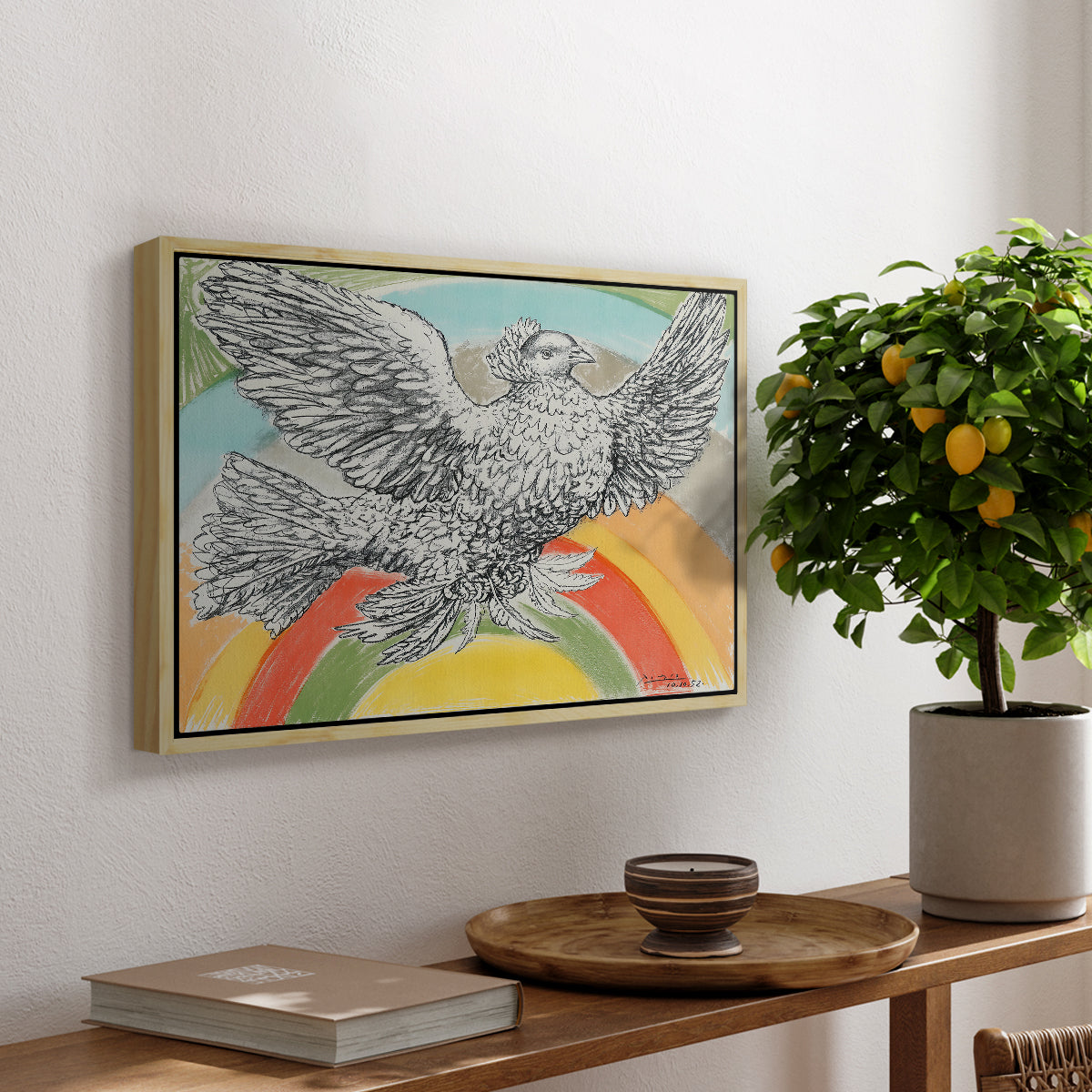 Flying Dove with Rainbow (Colombe volant à l'Arc-en-ciel), 1952 - Floater Framed Canvas Print