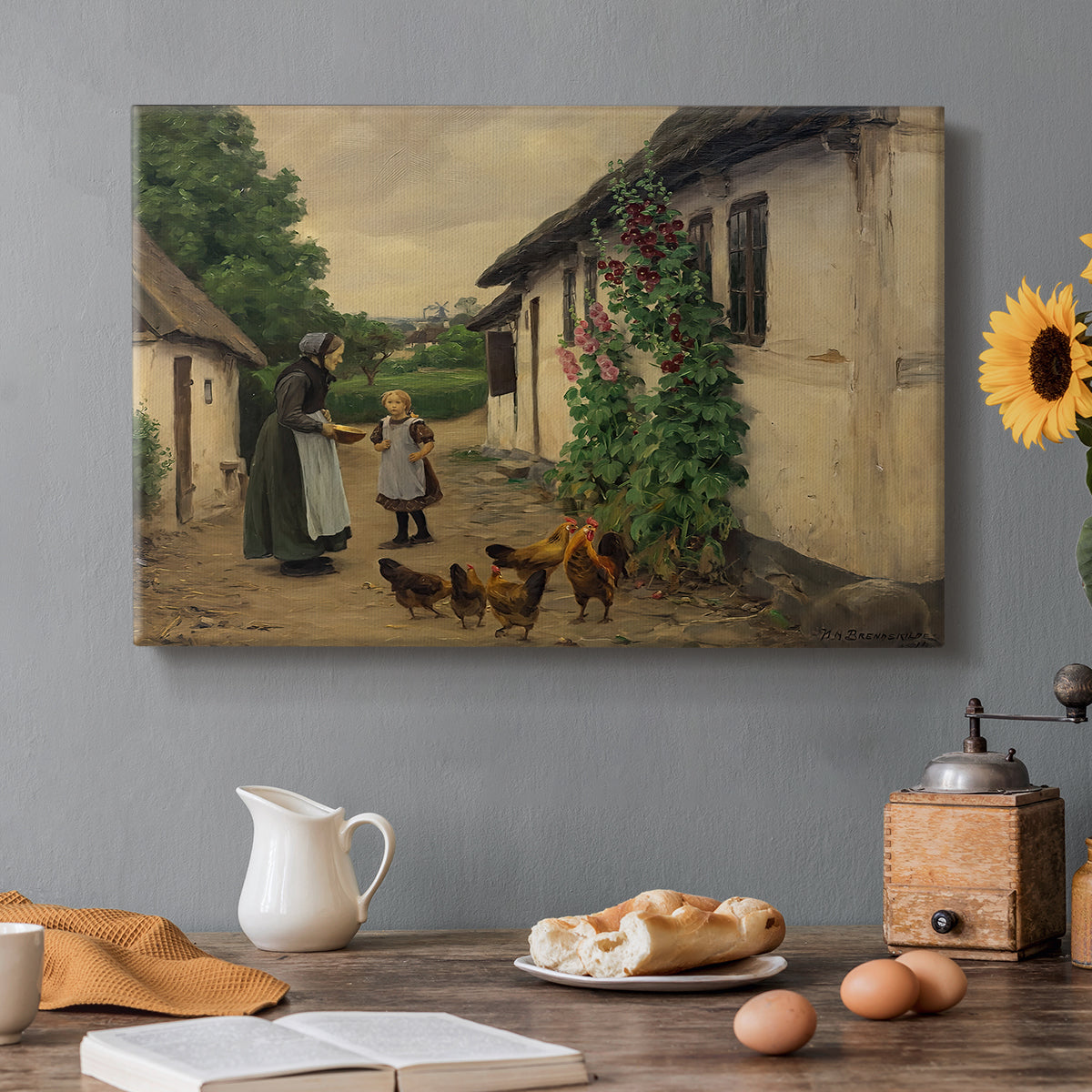 Canvas art print featuring figures gathered outside farmhouse greeting one another in village setting, set in a cozy kitchen setting