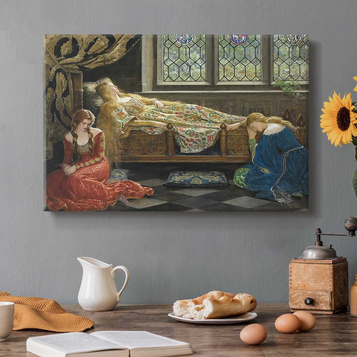 Canvas art print featuring a reclining female figure indoors in decorative setting, set in a cozy kitchen setting