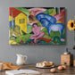 Canvas art print featuring an abstract composition of animals and figures intertwined in vivid dreamlike colors, set in a cozy kitchen setting