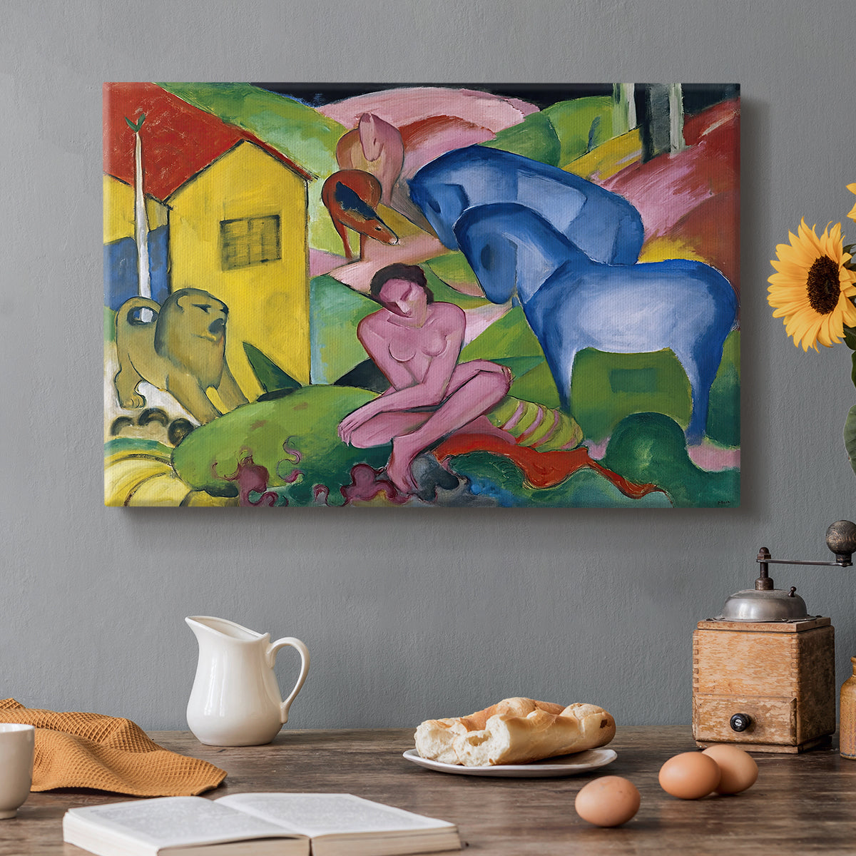Canvas art print featuring an abstract composition of animals and figures intertwined in vivid dreamlike colors, set in a cozy kitchen setting