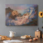 Canvas art print featuring a reclining female figure beneath glowing sky at twilight with soft colors, set in a cozy kitchen setting