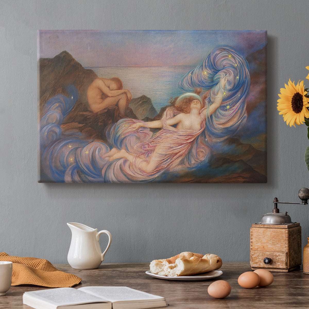 Canvas art print featuring a reclining female figure beneath glowing sky at twilight with soft colors, set in a cozy kitchen setting