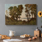 Canvas art print featuring a riverbank lined with trees and vegetation beside calm flowing water, set in a cozy kitchen setting