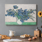 Canvas art print featuring a cluster of irises blooming with flowing brushstrokes and vivid color, set in a cozy kitchen setting