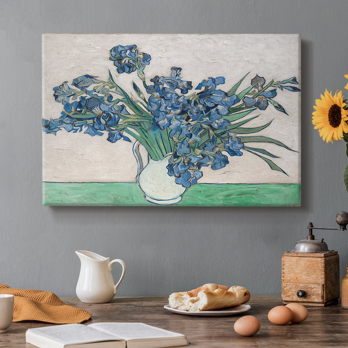 Canvas art print featuring a cluster of irises blooming with flowing brushstrokes and vivid color, set in a cozy kitchen setting