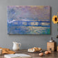 Canvas art print featuring an impressionist view of bridge stretching across river with soft light and haze, set in a cozy kitchen setting