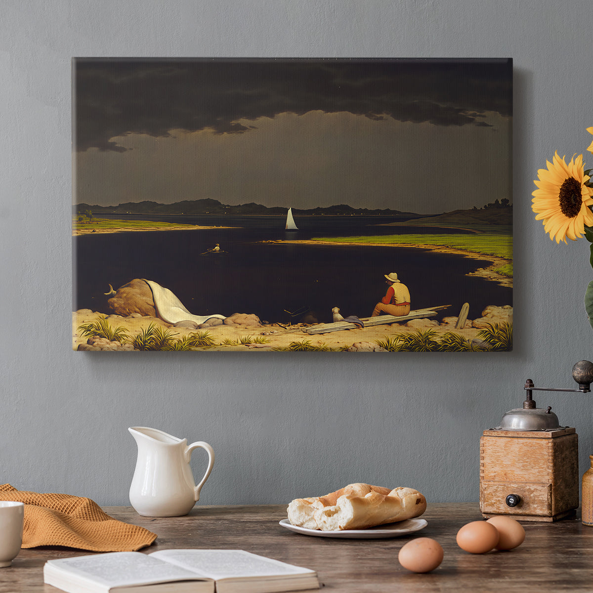Canvas art print featuring dark storm clouds gathering over landscape horizon, set in a cozy kitchen setting