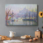 Canvas art print featuring a busy harbor filled with boats and waterfront, set in a cozy kitchen setting