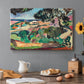 Canvas art print featuring a vivid landscape with hills, trees, and buildings near the coast, set in a cozy kitchen setting