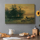 Canvas art print featuring deer near lakeshore with mountains behind, set in a cozy kitchen setting