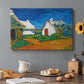 Canvas art print featuring white cottages grouped together with bold colors and surrounding landscape, set in a cozy kitchen setting