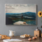 Canvas art print featuring a figure standing in small boat on open water with distant hills behind, set in a cozy kitchen setting
