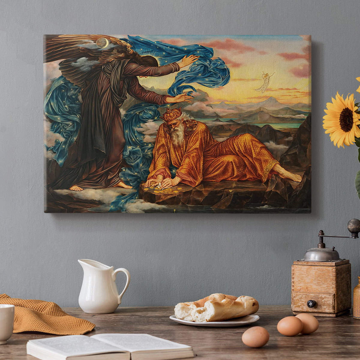 Canvas art print featuring a reclining female figure surrounded by symbolic elements in dreamlike setting, set in a cozy kitchen setting