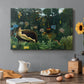Canvas art print featuring a reclining nude woman surrounded by dense jungle plants and animals, set in a cozy kitchen setting