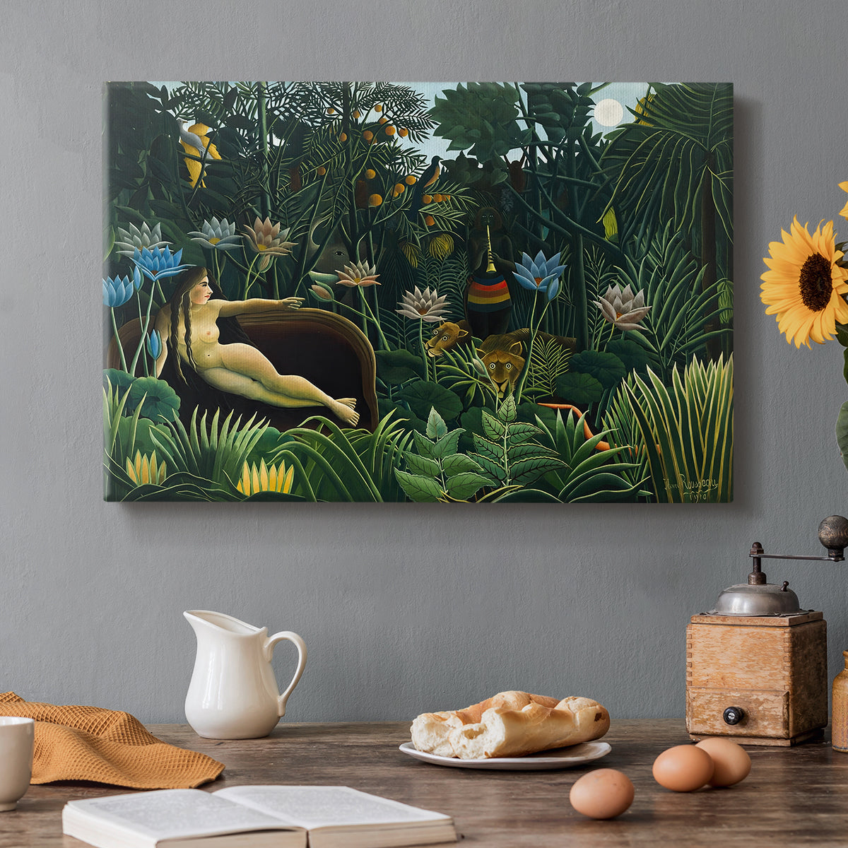 Canvas art print featuring a reclining nude woman surrounded by dense jungle plants and animals, set in a cozy kitchen setting