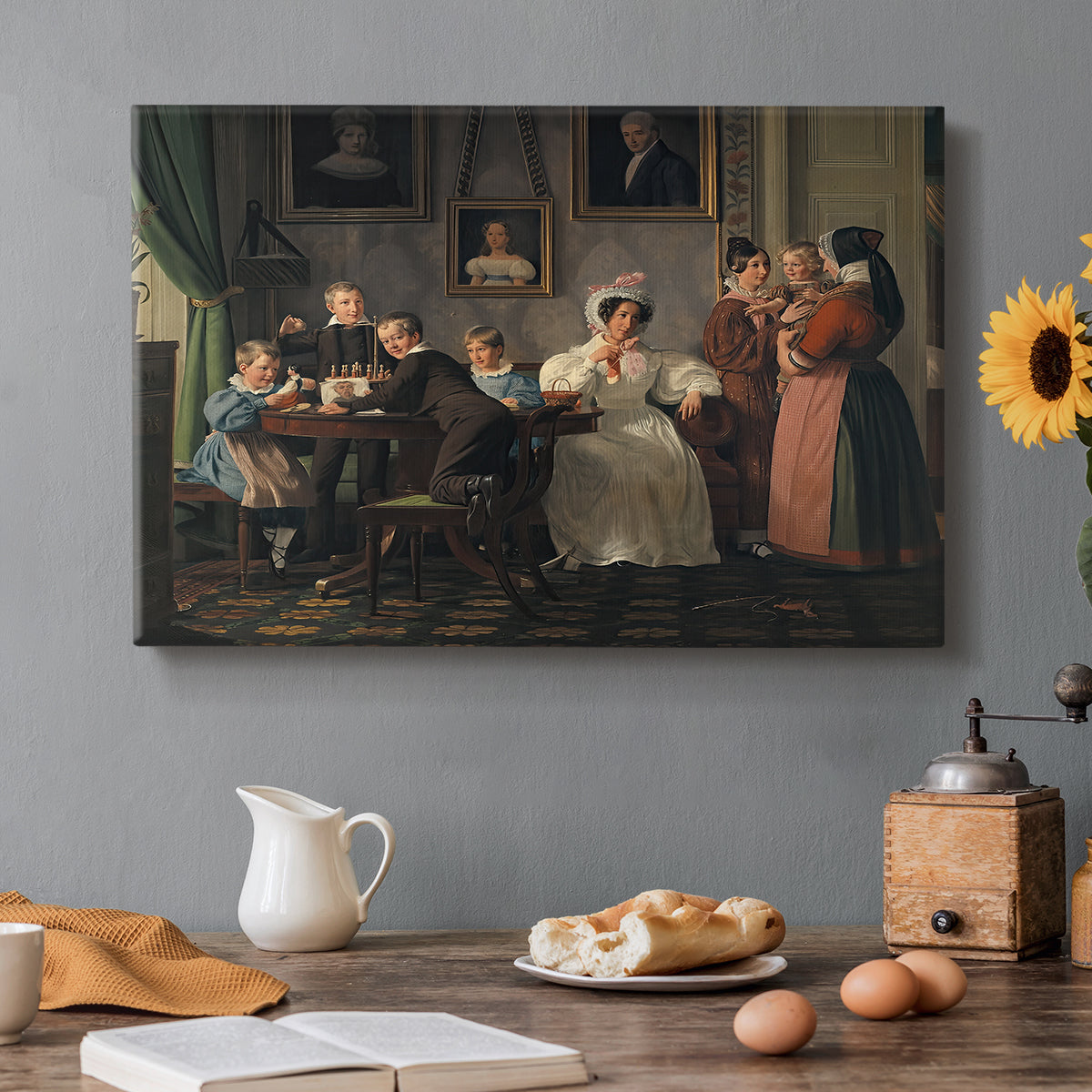 Canvas art print featuring a family group posed indoors around table with multiple figures, set in a cozy kitchen setting