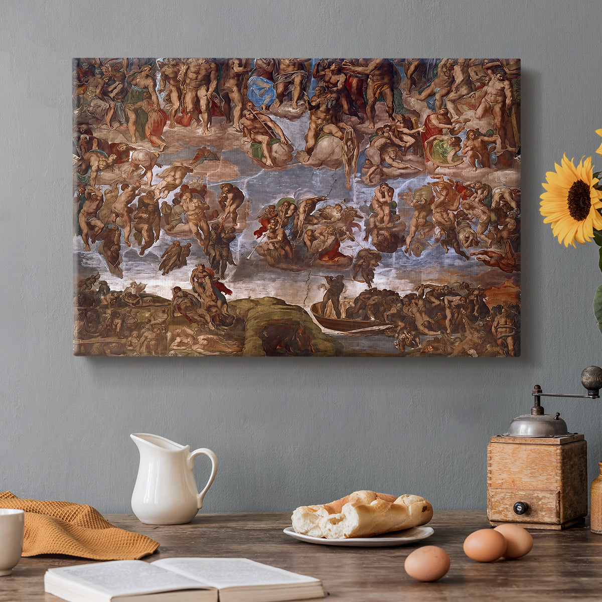 Canvas art print featuring a dense composition of human figures in dramatic judgment scene, set in a cozy kitchen setting