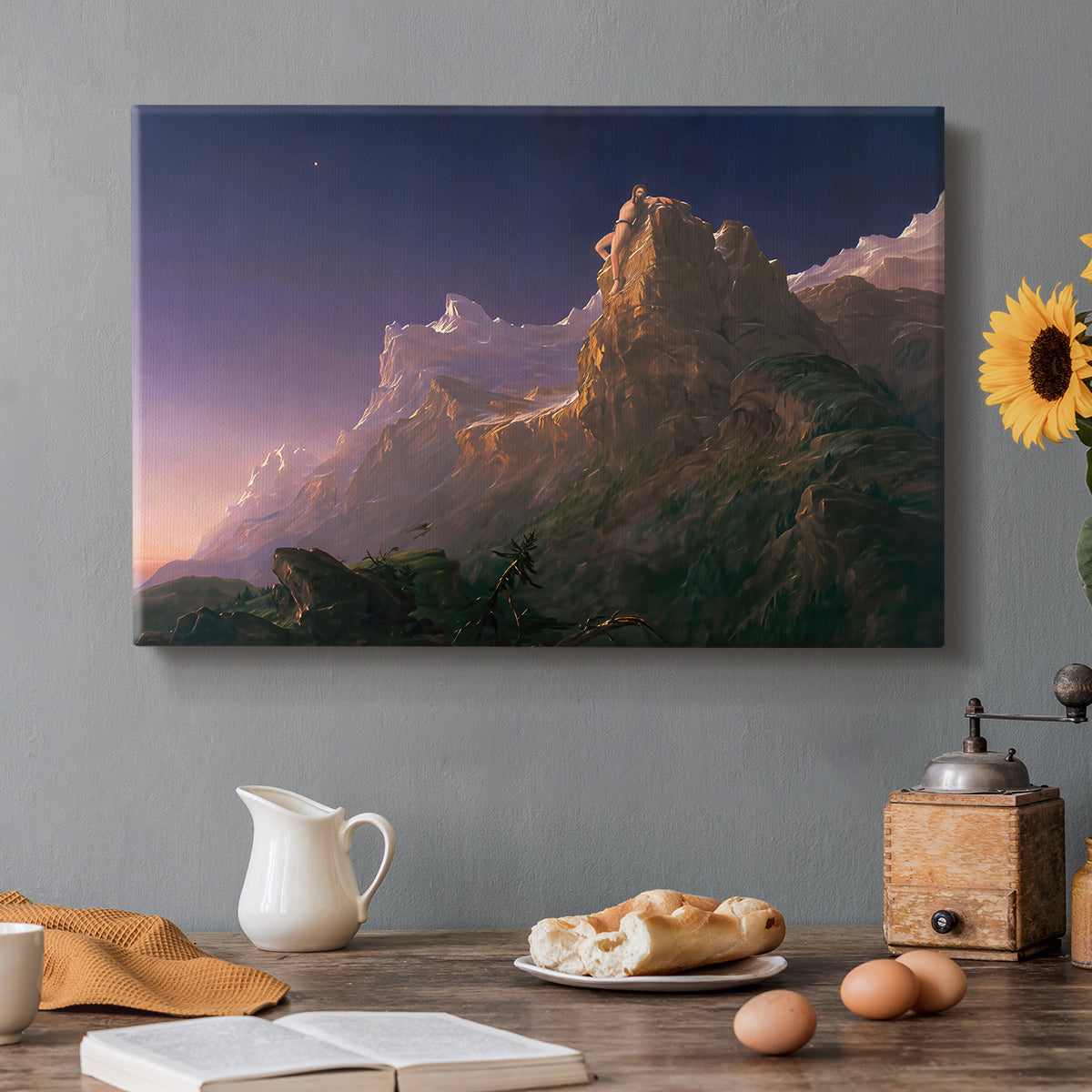 Canvas art print featuring a mythological figure chained within vast mountainous landscape, set in a cozy kitchen setting
