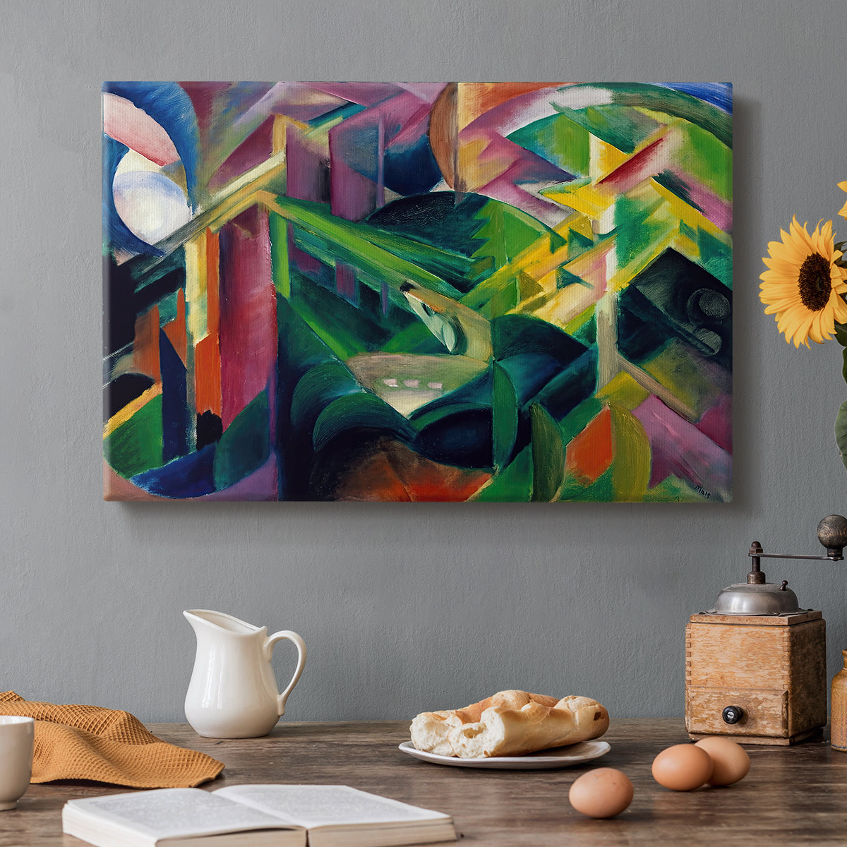 Canvas art print featuring a stylized deer within abstract garden setting of geometric shapes, set in a cozy kitchen setting