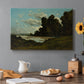 Canvas art print featuring a wide river landscape with distant town and boats under open sky, set in a cozy kitchen setting