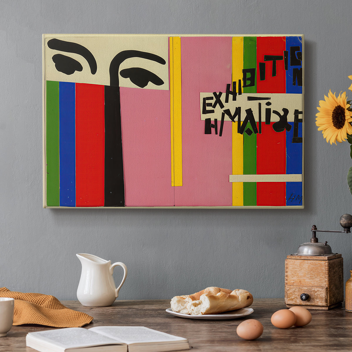 Canvas art print featuring an abstract graphic design with vertical color bands and simplified shapes, set in a cozy kitchen setting
