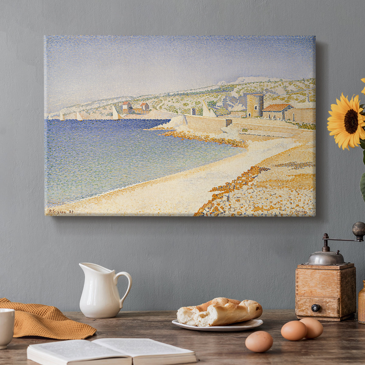 Canvas art print featuring a jetty extending into coastal water, set in a cozy kitchen setting