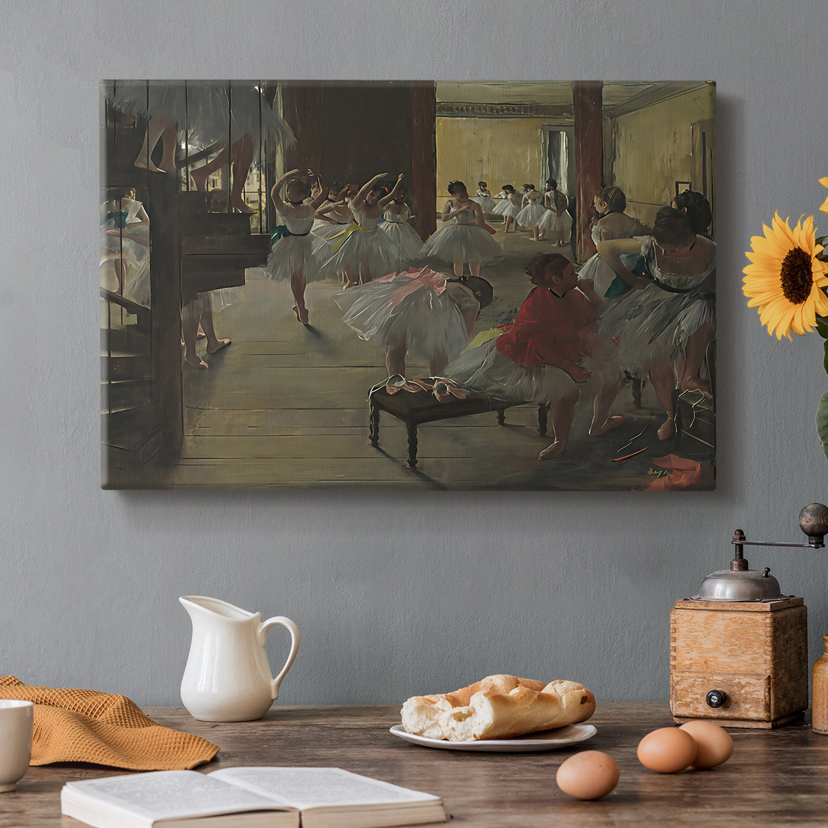 Canvas art print featuring ballerinas practicing in studio with instructor observing nearby, set in a cozy kitchen setting