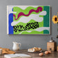 Canvas art print featuring an abstract composition suggesting water and aquatic forms, set in a cozy kitchen setting