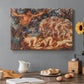 Canvas art print featuring swirling figures carried by wind among falling leaves in dynamic composition, set in a cozy kitchen setting
