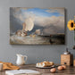 Canvas art print featuring fishing boats docked near shore with figures bargaining for fish in coastal setting, set in a cozy kitchen setting