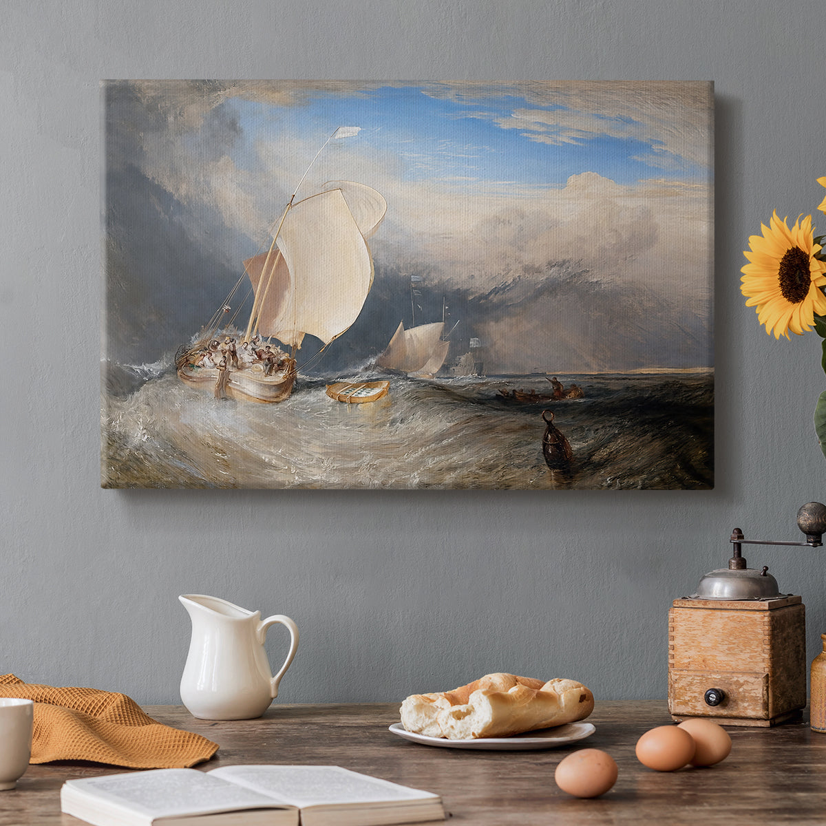 Canvas art print featuring fishing boats docked near shore with figures bargaining for fish in coastal setting, set in a cozy kitchen setting