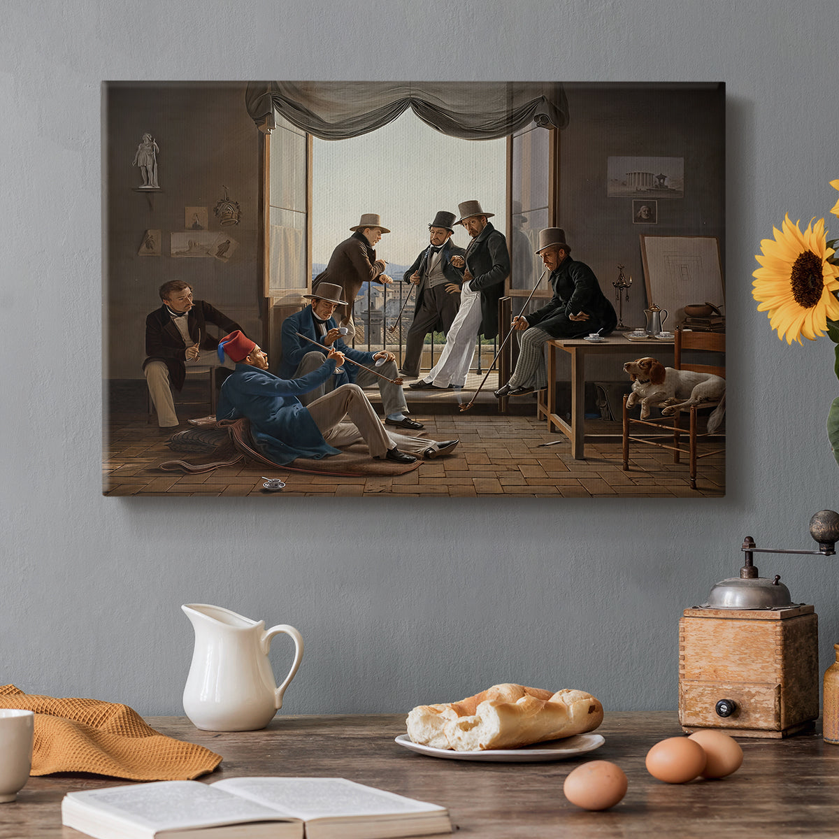Canvas art print featuring an interior composition filled with figures in festive interaction, set in a cozy kitchen setting