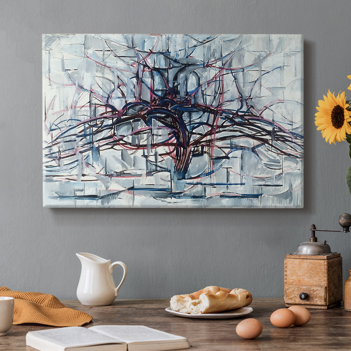 Canvas art print featuring a tree stretched into horizontal lines, set in a cozy kitchen setting