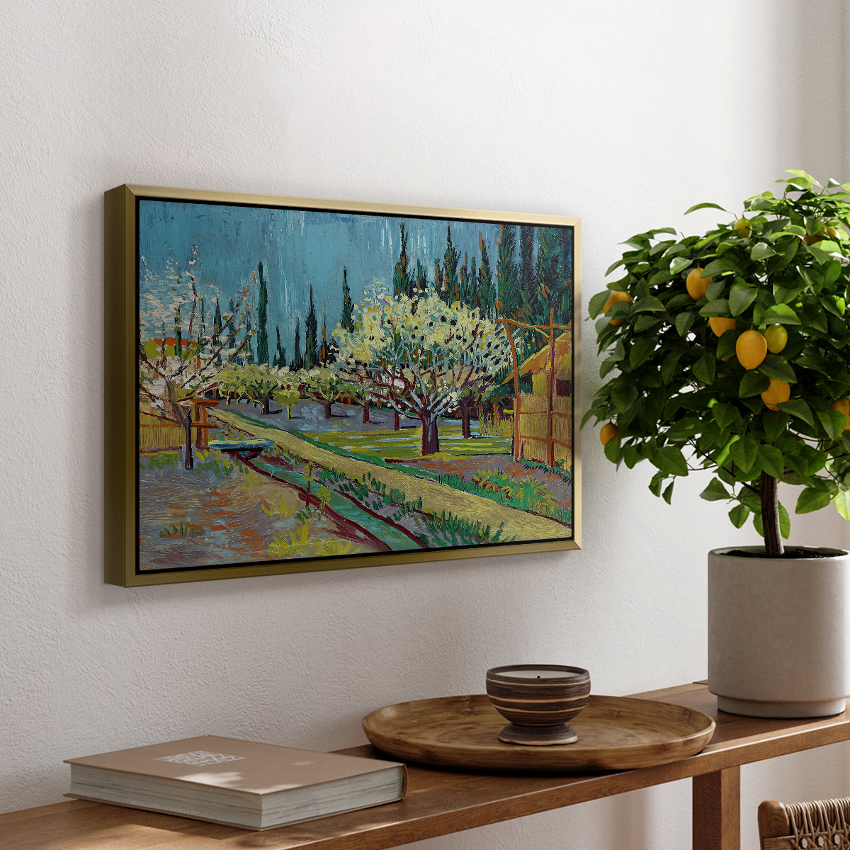 Orchard in Blossom, Bordered by Cypresses, 1888 - Floater Framed Canvas Print