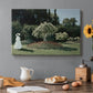 Canvas art print featuring a woman standing in garden surrounded by flowers and greenery, set in a cozy kitchen setting