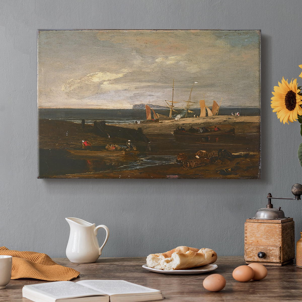 Canvas art print featuring a coastal view with ships and shoreline under sky, set in a cozy kitchen setting
