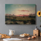 Canvas art print featuring an expansive marshland with water channels and horizon, set in a cozy kitchen setting