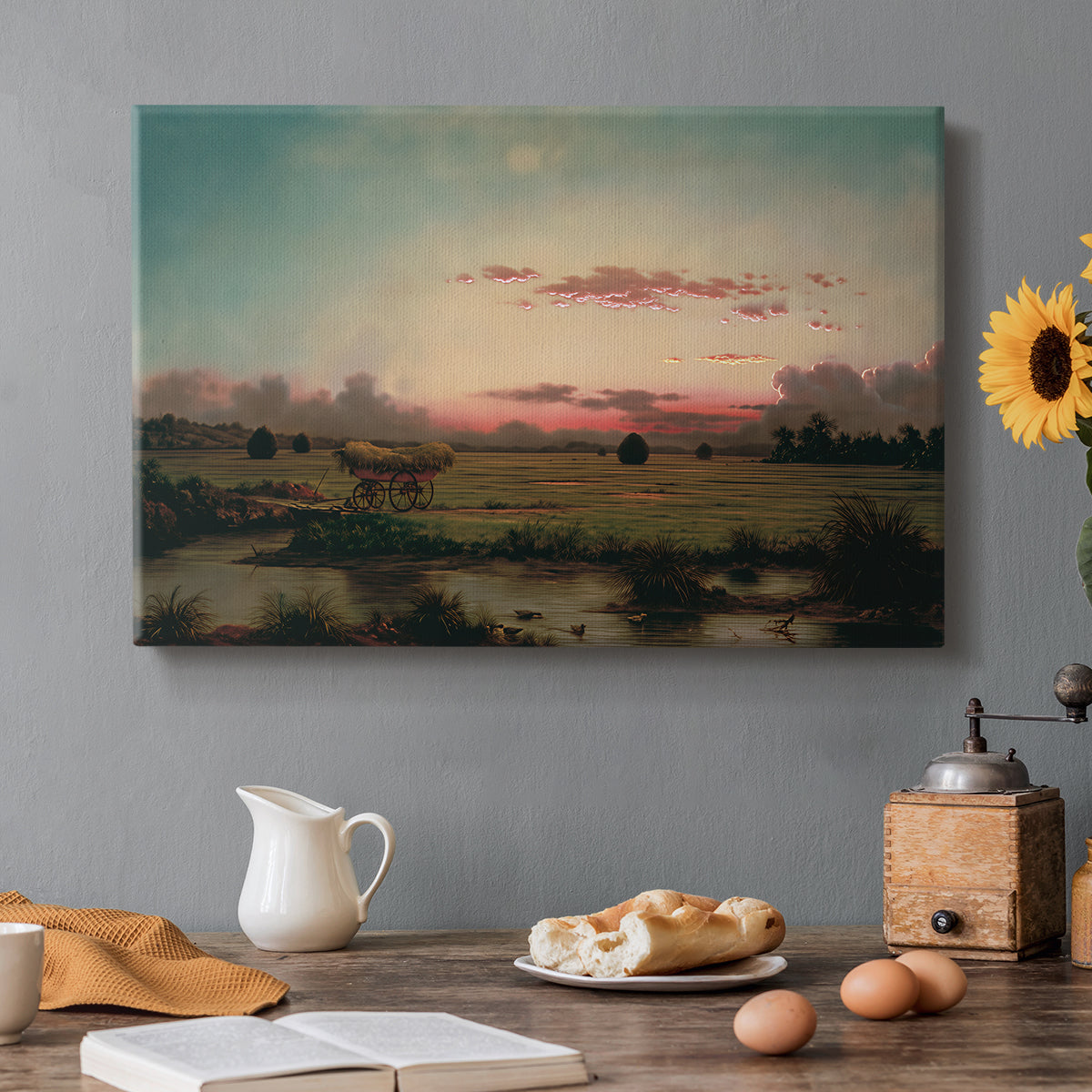 Canvas art print featuring an expansive marshland with water channels and horizon, set in a cozy kitchen setting