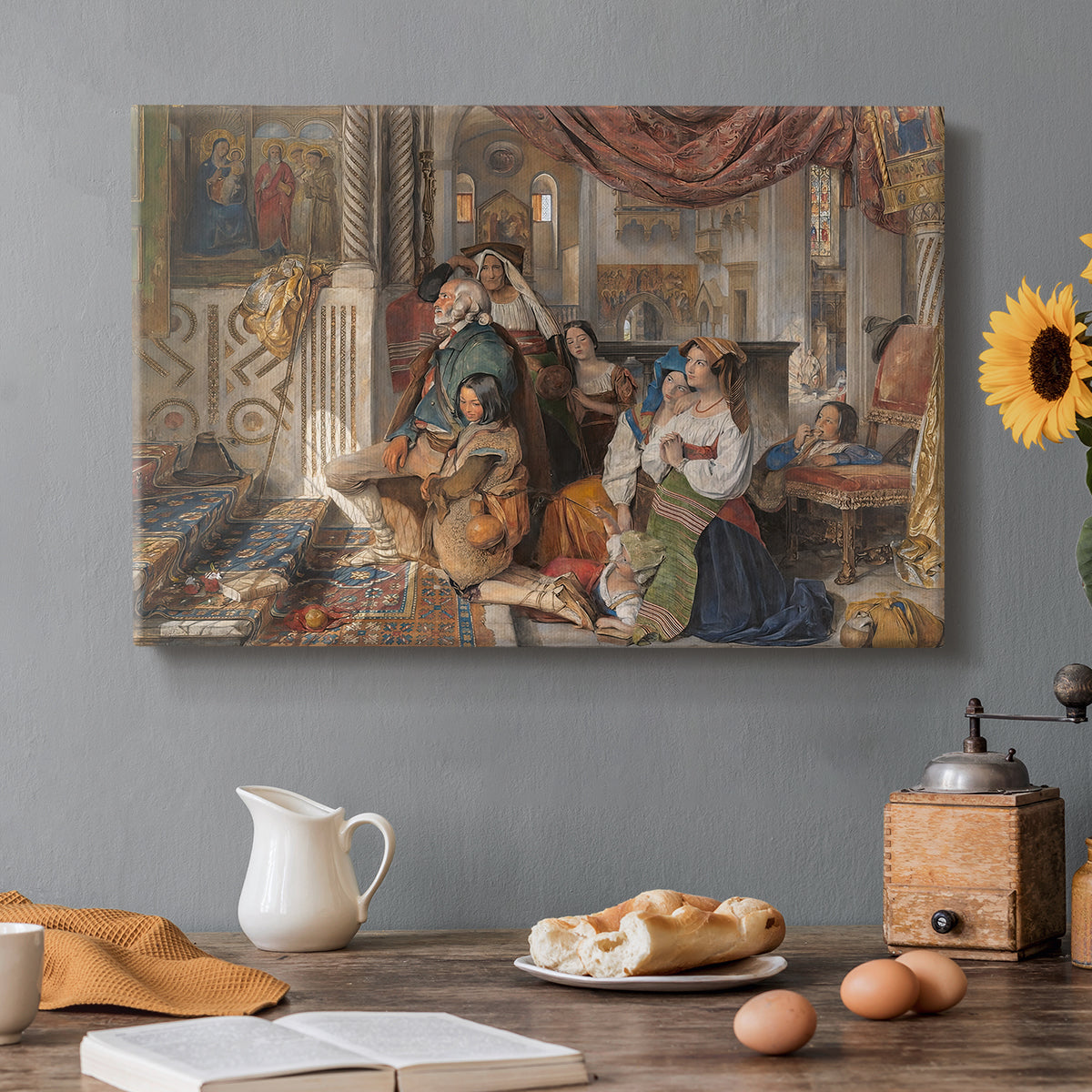 Canvas art print featuring a group of figures gathered outdoors in travel or religious setting, set in a cozy kitchen setting