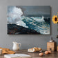 Canvas art print featuring powerful waves crashing against rocky coast under stormy sky, set in a cozy kitchen setting